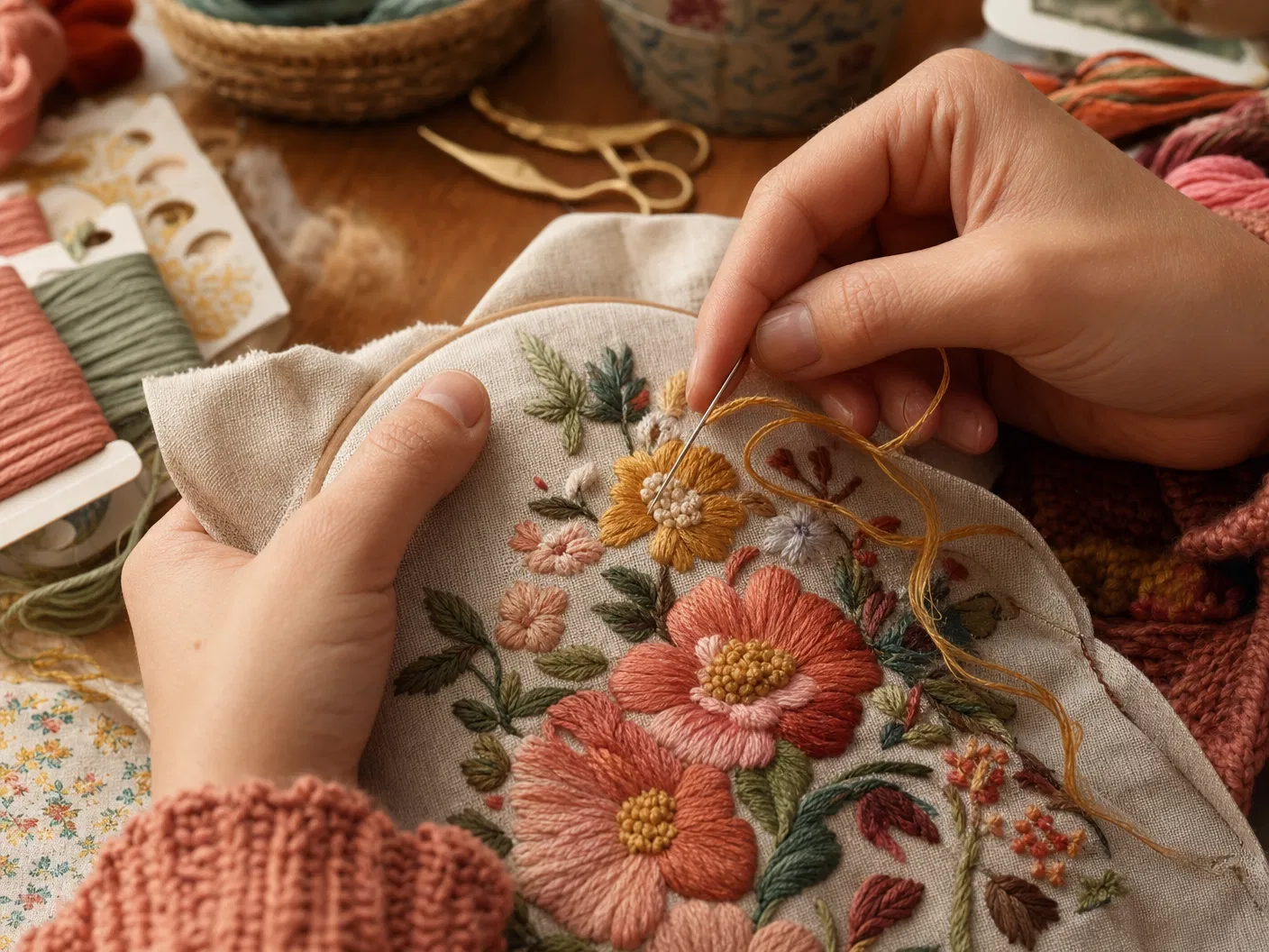Hands doing embroidery